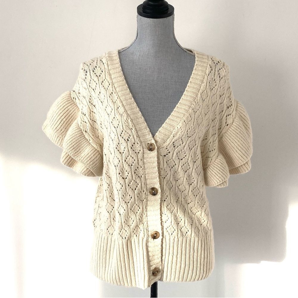 Habitual Anthropologie Cream Knit Cardigan with Puff Sleeves XL Boho Romantic